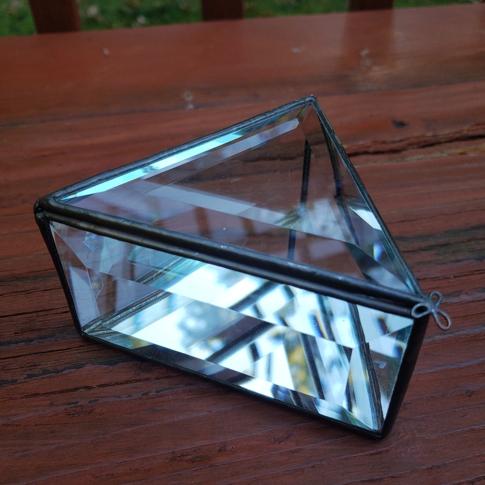 Vintage Triangle Shaped Clear Glass and Mirror Trinket or Jewelry Box With Lid